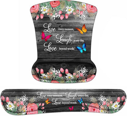 Keyboard Wrist Rest and Mouse Pad Wrist Support Set with Coasters, Non-Slip PU Base Ergonomic Gaming Mousepad for Home Office Working Studying Easy Typing & Pain Relief, Floral Quote Live Laugh Love