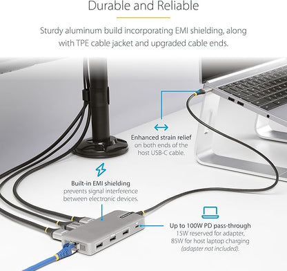 StarTech.com USB-C Docking Station for Windows and ChromeOS, Triple 4K HDMI DP Video, USB 10Gbps Hub, 100W Laptop Charging, GbE