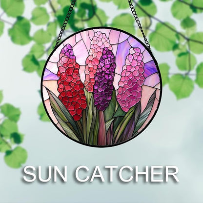 DASTOLL Stained Glass Window Hanging 4 Pcs Set Purple Flower Theme Large 11.8" - Tulip Suncatcher Door Garden Sun Catcher Decor Birthday Christmas for Plant Lovers Woman Nana Men