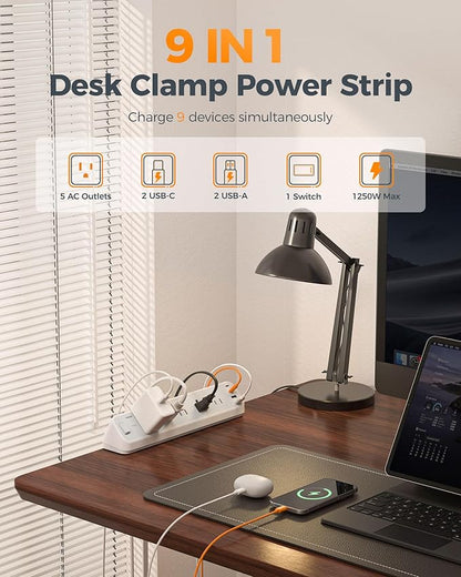 Desk Clamp Power Strip 10 Ft, TESSAN 2100J Surge Protector Desk Charging Station, 5 Outlets with 4 USB Ports (2 USB C), Flat Plug Extension Cord with Multiple Outlets for Gaming Home Office Dorm Room