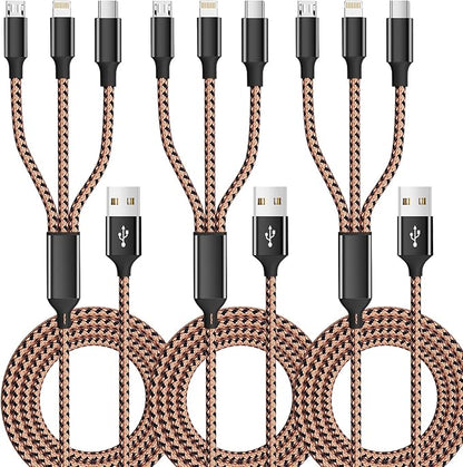 Multi Charging Cable,(3Pack 4FT), Multi Charging Cord 3 in 1 Charging Cable Nylon Braided Universal Charger Phone Charger Cord with Type-C,Micro USB,IP Port for iPhone16/15 Series/Phone&Pad