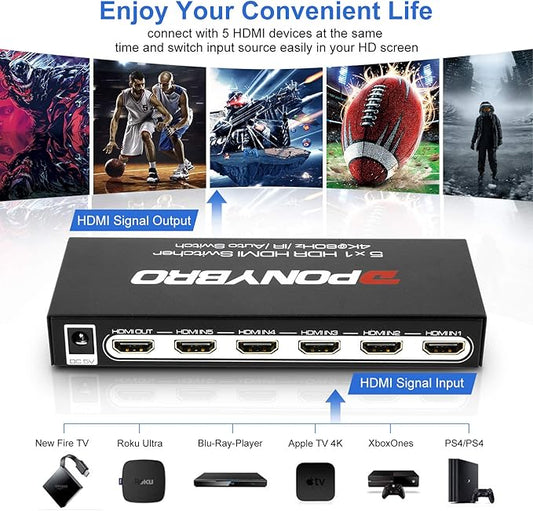 PONYBRO HDMI 2.0 Switch 5 Port 4K@60Hz Auto-Switching – 5 in 1 Out with Remote, HDR10, 3D, Ultra HD for PS5/Xbox/PC/Fire TV, Zero Delay