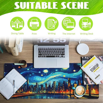 Eflxamz Desk Pad,City Starry Night Desk Mat,Abstract Oil Painting Large Gaming Mouse Pad for Desk,Extended Big Computer Keyboard Mouse Pad with Non-Slip Base and Stitched Edge,31.5"x11.8"