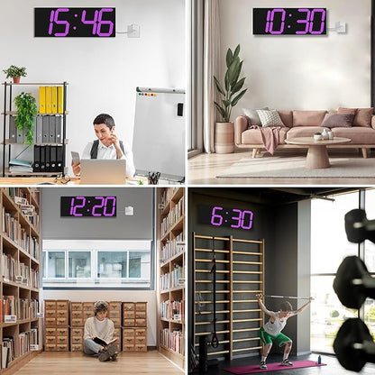 CHKOSDA LED Large Digital Wall Clock, Oversize Wall Clock with 6” Numbers, Remote Control Count up/Countdown Timer Clock, Auto Dimmer, Big Calendar and Thermometer(Purple)