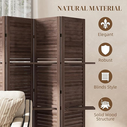 HOMCOM Room Divider, 5 Panel 67" Tall Wood Privacy Screen with 3 Display Shelves, and Folding Storage for Bedroom or Home Office, Walnut