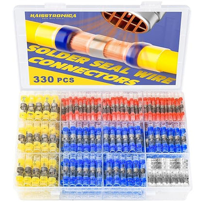 330PCS Solder Seal Wire Connectors-haisstronica Marine Grade - Heat Shrink Butt Connectors-Self Solder for Electrical,Stereo(30Yellow 80White 110Red 110Blue)