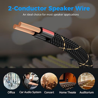 14/2 Speaker Wire 35 Feet, 14AWG Gauge Speaker Cable, Direct Burial, Durable Nylon Braided, in Wall, 2 Conductors, OFC Oxygen-Free Copper, for Car Audio Stereos, Home Theater, Surround Sound, Radio