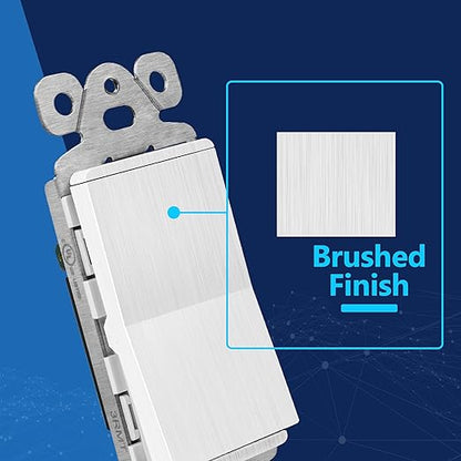 LIDER Brushed White Minimalist Design Decorator Switch, Frameless Paddle Wall Light Switch, On/Off Rocker Switch, 3-Way or Single Pole, Residential Grade, UL Listed, 3 Wire, 15A 120-277VAC, 5 Pack