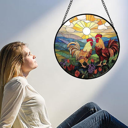 AMDERVEN Stained Glass Window Hanging, Countryside Scenery Chicken Sun Catcher for Door Home Decor Sunrise Suncatcher Christmas Mother's Day Birthday Gifts for Women Men Mom Nana 6.3 in