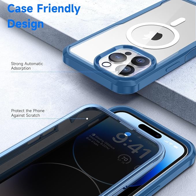 seacosmo for iPhone 14 Pro Max Case, Full Body Bumper with Built-in 9H Tempered Glass Privacy Screen Protector and Camera Lens Protector, Compatible with MagSafe, Shockproof Phone Case, 6.7", Blue