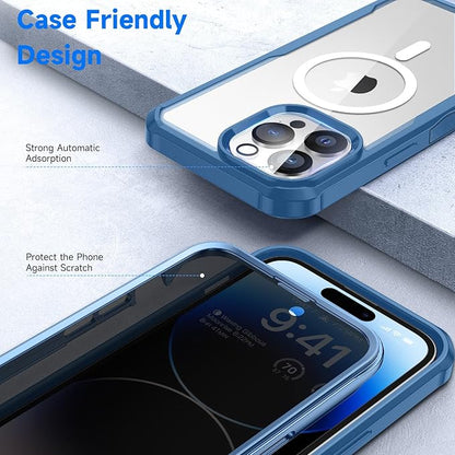 seacosmo for iPhone 14 Pro Max Case, Full Body Bumper with Built-in 9H Tempered Glass Privacy Screen Protector and Camera Lens Protector, Compatible with MagSafe, Shockproof Phone Case, 6.7", Blue