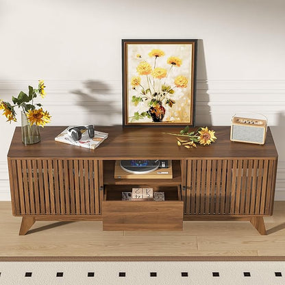 Oubayajia Mid Century Modern TV Stand for Televisions up to 70 Inches, with Sliding Doors and Storage, Curved Edge Television Stands, TV Consoles, Media Consoles for Living Room (Walnut, 63inch)