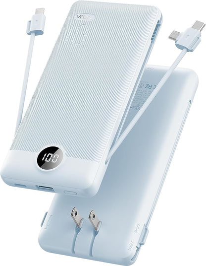 VRURC Portable Charger Built-in Cables and AC Wall Plug, USB C Power Bank 10000mAh, Travel Essentials Phone Charger Compact Lightweight External Battery Pack for Smart Phones, Tablets etc-Blue