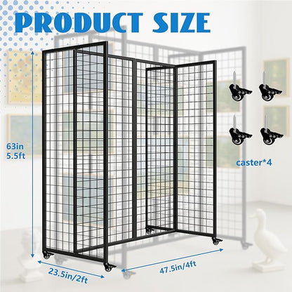 Grid Wall Panels, Grid Wall with Wheels,4x5.5Ft Gridwall Panel Display Stand,Sturdy Art Display Panels, Grid Display Stand, Black