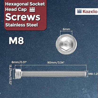 Kozelo 5pcs Socket Head Cap Screws - [M8-1.25 x 90mm] 304 Stainless Steel Allen Socket Drive for Electrical Motor 3D Printing Fan Engine Replacement Use, Silver