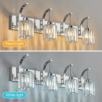 FDPBY 4-Light Crystal Vanity Light, Modern Chrome Bathroom Wall Sconce with K9 Crystal Shades, 32.67" Long Over Mirror Lighting for Vanity, Makeup, Hallway, Elegant & Easy Install