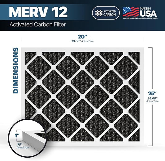 BNX TruFilter 20x25x1 MERV 12 Odor Defense (6-Pack) AC Furnace Air Filter with Activated Carbon - MADE IN USA - Pleated Air Conditioner HVAC AC Furnace Filters - Removes Odor, Mold, Bacteria, Smoke