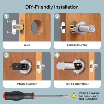 ThorBolt Keyless Entry Door Lock, Fingerprint Door Lock with Keypad Biometric Door Knob, Auto-Lock for Interior Doors Thickness up to 2-1/4", Bedroom, Home Office, Garage, 4xAA Alkaline, MD1 Silver