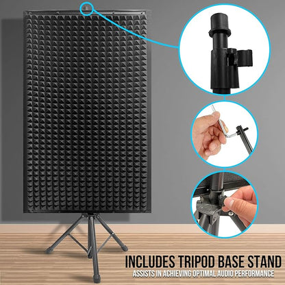 Sound Wall Panel Studio Foam - Acoustic Isolation Absorber Shield and Dampening Wedge with Height Adjustable Stand, Includes Tripod Base Stand, 2 Pack - Pyle PSIP24X2