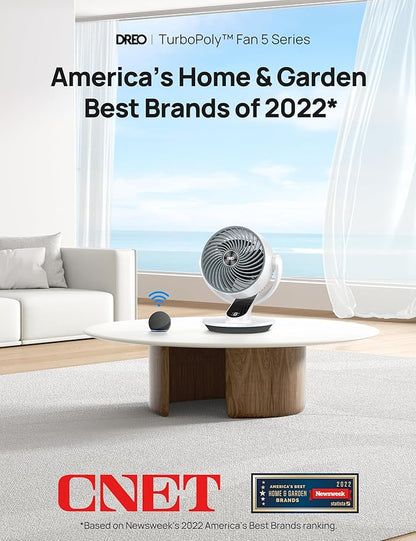 Dreo Smart Fan for Bedroom,120° Vertical and 90° Oscillating Fan with Remote/Voice, 13 Inch Height Quiet Air Circulator for Whole Room, 70 ft, 4 Speeds, 5 Modes, 12H Timer, Desk Fans for Home，White