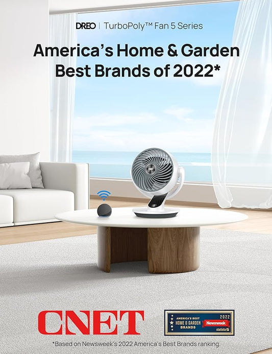 Dreo Smart Fan for Bedroom,120° Vertical and 90° Oscillating Fan with Remote/Voice, 13 Inch Height Quiet Air Circulator for Whole Room, 70 ft, 4 Speeds, 5 Modes, 12H Timer, Desk Fans for Home，White