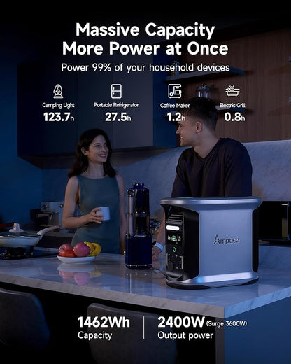 AMPACE Andes 1500 Power Station 2400W(Surge 3600W) Solar Generator, 1462Wh Solar Power Station, 1800W A-Boost Fast Charging, APP Control, Emergency Power for Home, Camping, Outdoor Battery Backup