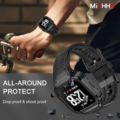 MioHHR Stainless Steel Case and Band Compatible with Fitbit Versa 4/3/2/Lite/Sense/Sense 2 Bands with Metal Case, Rugged Sports Protector Cover Silicone Wristbands for Men, Black