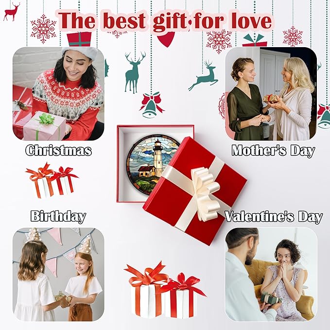 DASTOLL Stained Glass Window Hanging, Ocean Lighthouse Sun Catchers Glass Panel Blue Green Suncatcher Decor for Birthday for Women, Men, Wife, Aunt, and Mom 7.8 in