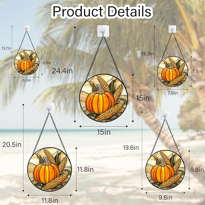 DASTOLL Stained Glass Window Hanging Autumn Harvest Pumpkin Corn Large 15" - Suncatcher Door Garden Kitchen Sunroom Sun Catcher Fall Home Decor Birthday for Mom Grandma Men Woman