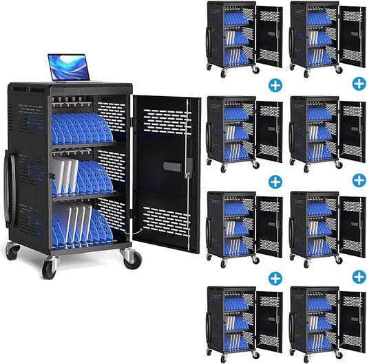 8 Pack | Fully Assembled 30 Bay Multi Device Charging Station for Chromebook,iPad,14'' Laptop,Pre Built Computer Charging Cart with Charger Cable Management,Circuit Breaker,Grounding Protection(Black)