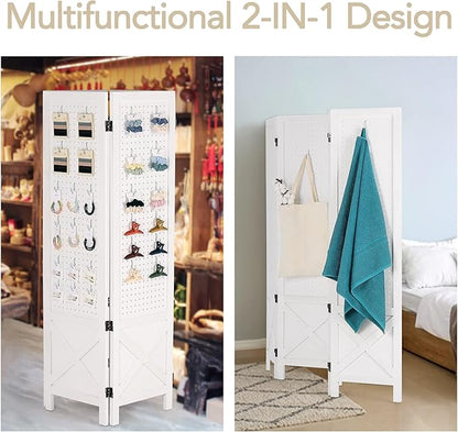 Wnutrees 4 Panel Pegboard Display, 5 Ft Wood Folding Privacy Screens Room Divider, Portable Freestanding Display Board for Craft/Art Shows, Retail, Events, Wall Organizer, Rustic Barnwood, White