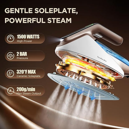 Newbealer Steam Generator Iron, 1500W Turbo Steamer for Clothes, 2 Bar Pressure Clothes Iron, 4 Steam & 4 Dry Heat Modes, Fast Heat-Up, 350ml Detachable Tank, Auto-Off, Self-Cleaning (Gold)