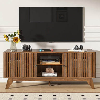 Oubayajia Mid Century Modern TV Stand for Televisions up to 60 Inches, with Sliding Doors and Storage, Curved Edge Television Stands, TV Consoles, Media Consoles for Living Room (Walnut, 51.2inch)