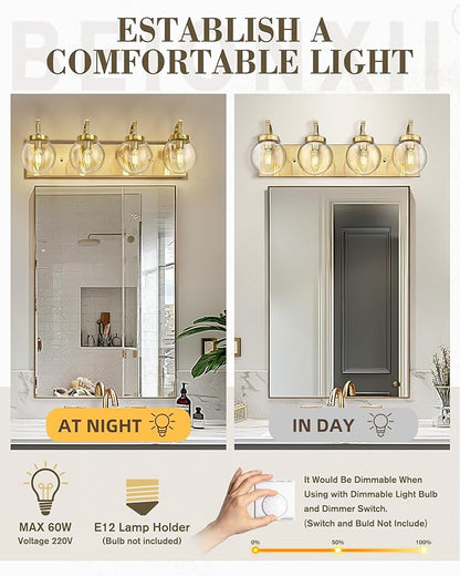 Beionxii 4-Light Bathroom Vanity Light Fixtures, 3 Light Brushed Gold Bathroom Light Fixtures with Clear Glass Shade, Modern Wall Sconces Lighting Over Mirror, Living Room, Hallway, BX-VL03BG-4CG