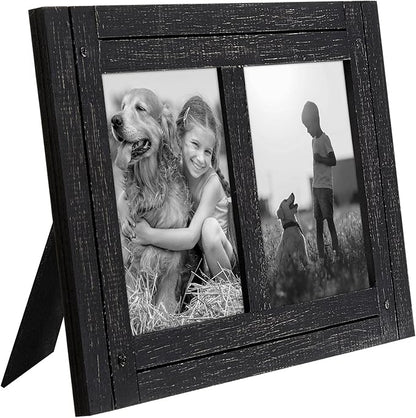 Americanflat Hinged 5x7 Double Picture Frame with 2 Photo Openings and Polished Glass - Distressed Wood Collage Picture Frames for Tabletop and Wall Display - Hampton Collection - Charcoal Black