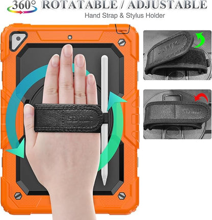 SEYMAC stock Case for iPad Air 3 2019 / Pro 10.5'' with Screen Protector Pen Holder [360° Rotate Hand Strap/Stand], Drop-Proof Case (Black+Orange)