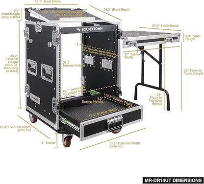 Sound Town 14U PA DJ Pro Audio Rack/Road ATA Case with 2U Drawer, 11U Slant Mixer Top, DJ Work Table, Casters, Pro Tour Grade (MR-DR14UT)