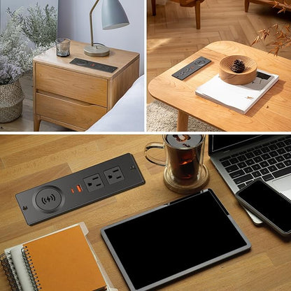 Recessed Power Strip with 15W Wireless Charger, Haiaoyyds Flush Mount Power Strip with 2 Outlets, 2 USB, and 6.56FT Flat Plug Cable, Furniture Recessed Outlet for Drawer, End Table, Sofa, Cabinet