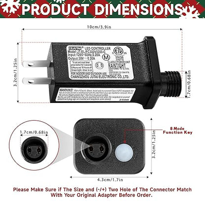 30V 0.2A LED Controller Timer Model JT-EL/FC300V0200-C Class 2 Power Supply Replacement with 8 Lighting Modes, and Memory Function for Christmas Light, LED String Light