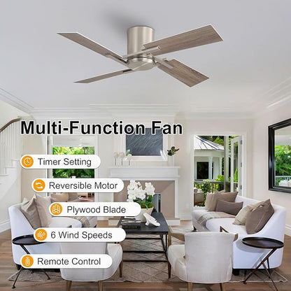 WINGBO 48 Inch Flush Mount Ceiling Fan without Light - 4 Plywood Blades, 6-Speed Reversible DC Motor, Noiseless Low Profile Ceiling Fan No Light for Bedroom Living Room, Nickel and Silver/Gray