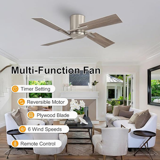 WINGBO 48 Inch Flush Mount Ceiling Fan without Light - 4 Plywood Blades, 6-Speed Reversible DC Motor, Noiseless Low Profile Ceiling Fan No Light for Bedroom Living Room, Nickel and Silver/Gray