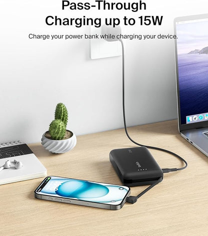 Belkin Portable Charger, Power Bank 10000 mAh w/Integrated Cable - 20W Fast Charge USB-C Power Delivery, iPhone Charger - Apple iPhone 17, Air, Pro, Pro Max, iPad, Samsung Galaxy S25, & More - Black