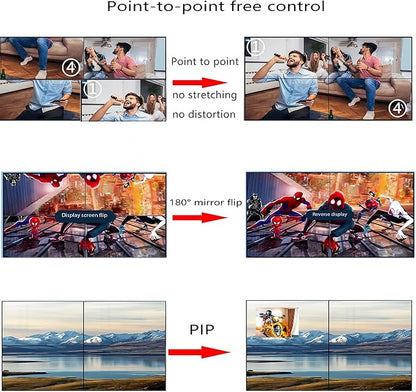 4K 2x2 Video Wall Controller&Multi-Screen Box point-to-point processor HDMI Multi Screen Expander Support PIP 180°mirroring Point-to-Point Optical audio/3.5mm stereo audio outputs 2x1 3x1 1x4 14 Modes