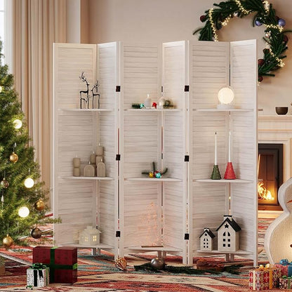 Partition Room Dividers, Folding Wood Privacy Screen with Three Display Shelves Suitable for Home Office, Study, Art Display - 6 Panel, 67 * 77inch (White)
