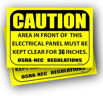 (2 pack) Caution Area in Front of This Electrical Panel Must Be Kept Clear for 36 Inches Sign 7" x 10" self adhesive vinyl sticker decal