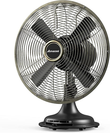 AMACOOL Oscillating Vintage Fan, All Metal 8" Retro Table Top Fan, Adjustable Head Tilt, Quiet 3 Speeds Plug-In Desk Fan for Bedroom Home Office & Kitchen