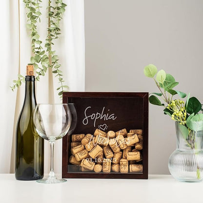 ARYCRAFTS Personalized Wooden Wine Cork Holder Shadow Box – Custom Engraved Display Case for Weddings, Engagements, Anniversaries & Wine Lovers – Rustic Memory Keepsake with Clear Front Panel