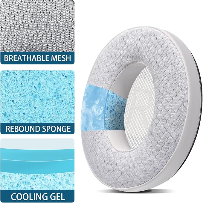 Cooling Gel Headphones Replacement Ear Pads for Bose Quiet Comfort QC35, Mesh Soccer Net Fabric Breathable Sports Fabric, Extra Thick & Cooler for Longer, Softer Memory Foam - White
