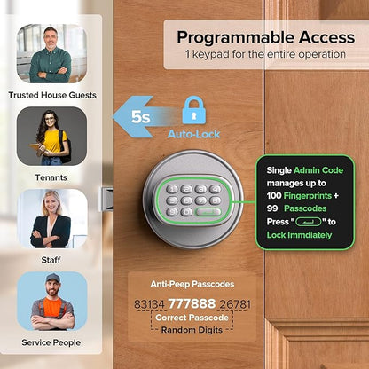 ThorBolt Keyless Entry Door Lock, Fingerprint Door Lock with Keypad Biometric Door Knob, Auto-Lock for Interior Doors Thickness up to 2-1/4", Bedroom, Home Office, Garage, 4xAA Alkaline, MD1 Silver