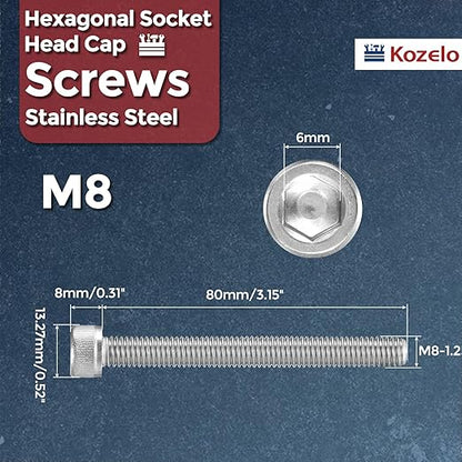 Kozelo 5pcs Socket Head Cap Screws - [M8-1.25 x 80mm] 304 Stainless Steel Allen Socket Drive for Electrical Motor 3D Printing Fan Engine Replacement Use, Silver
